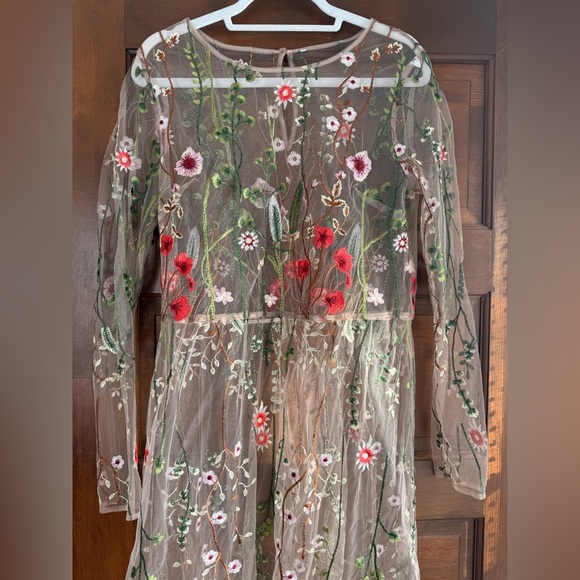 Floral Embroidered Sheer Long Sleeve Midi Dress - Picture 3 of 6